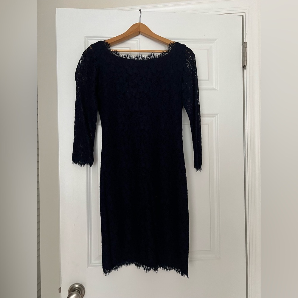 Diane Von Furstenberg Navy Lace Long Sleeve Dress
